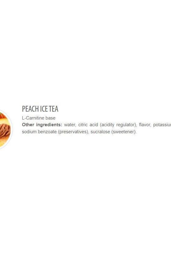 Peach ice tea flavor with L-Carnitine details and ingredient list.
