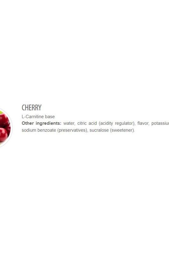 Cherry flavor ingredient list for L-Carnitine base, including water, citric acid, and sucralose.