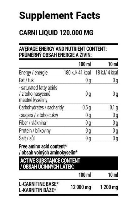 Supplement facts for Extrifit Carni Liquid 120,000 mg detailing nutrients and active ingredients.