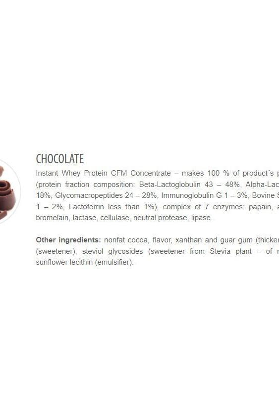 Chocolate flavor CFM Instant Whey 80 protein powder with natural ingredients and digestive enzymes.