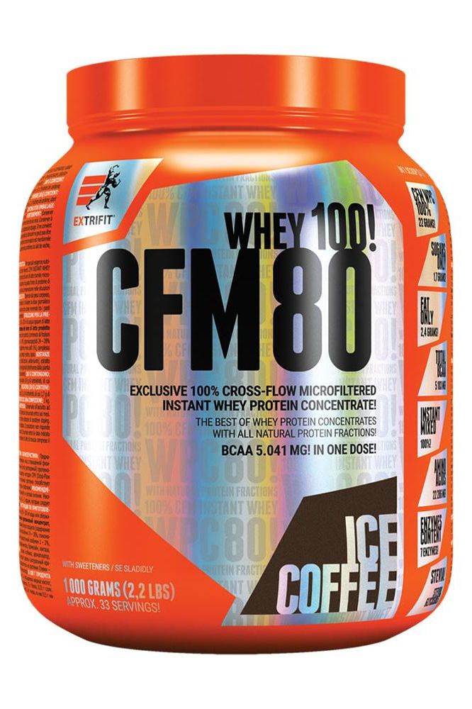 Extrifit CFM Instant Whey 80 protein powder in a large orange tub with an easy-opening lid.