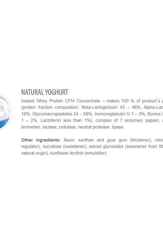 Ingredient list for CFM Instant Whey 80 showing natural yogurt and protein composition details.