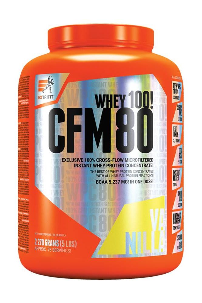 Extrifit CFM Instant Whey 80 protein powder tub with vanilla flavor and 270 grams capacity.