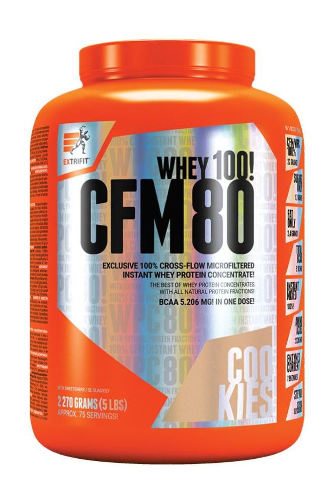 Extrifit CFM Instant Whey 80 protein powder in a large orange container with cookies flavor.