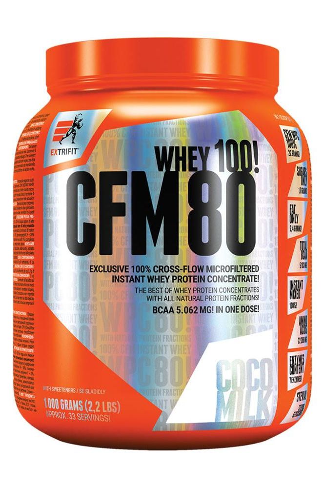 Extrifit CFM Instant Whey 80 protein powder with natural ingredients and creamy texture, 1000 grams container.