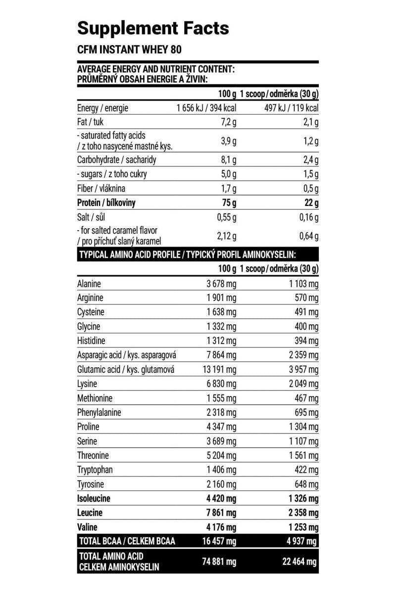 Supplement facts for Extrifit CFM Instant Whey 80, detailing nutritional information and amino acid profile.