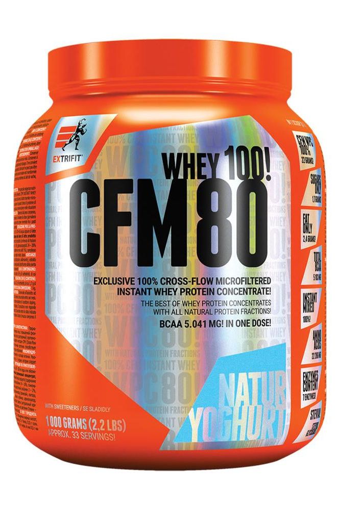 Extrifit CFM Instant Whey 80 protein powder tub with 100% natural ingredients and creamy texture.