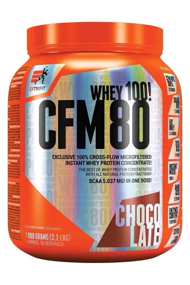 Extrifit CFM Instant Whey 80 tub, chocolate flavor, with 100% natural ingredients and digestive enzymes.