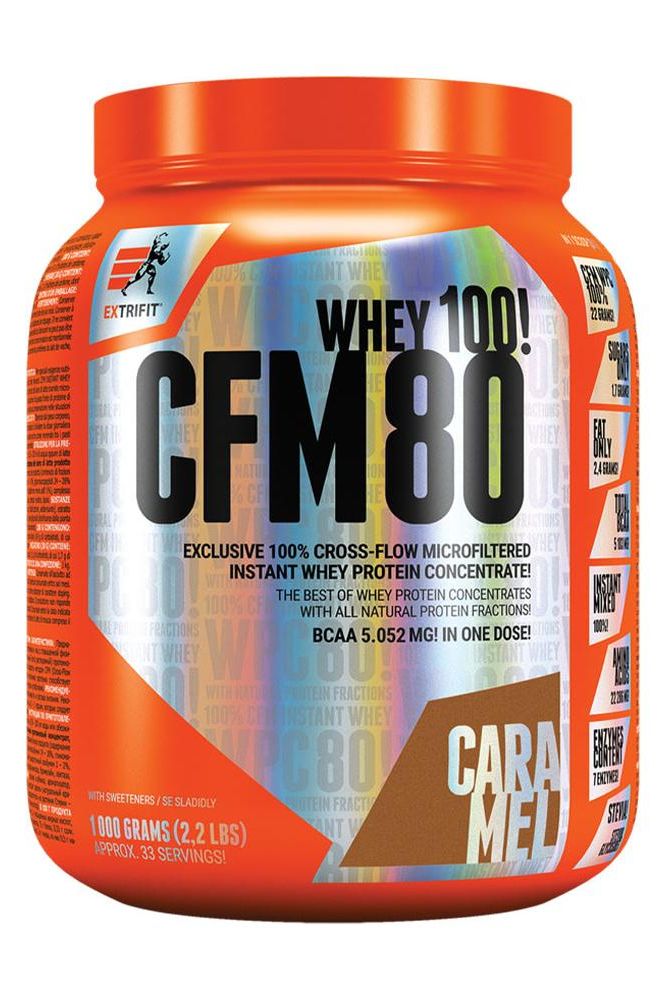 Extrifit CFM Instant Whey 80 protein powder tub with caramel flavor, featuring a broad neck for easy use.