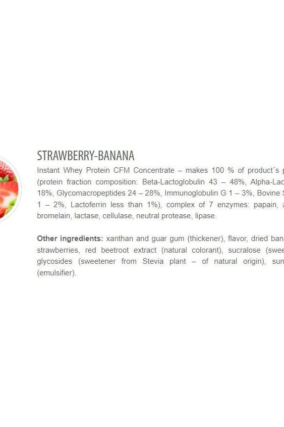 Strawberry-banana instant whey protein CFM concentrate ingredients list including flavors and natural colorants.
