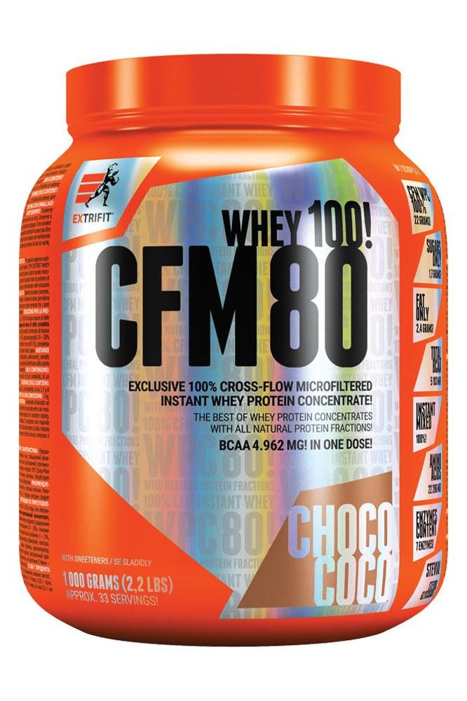 Extrifit CFM Instant Whey 80 in chocolate flavor, 1000 grams protein powder for optimal digestion and taste.