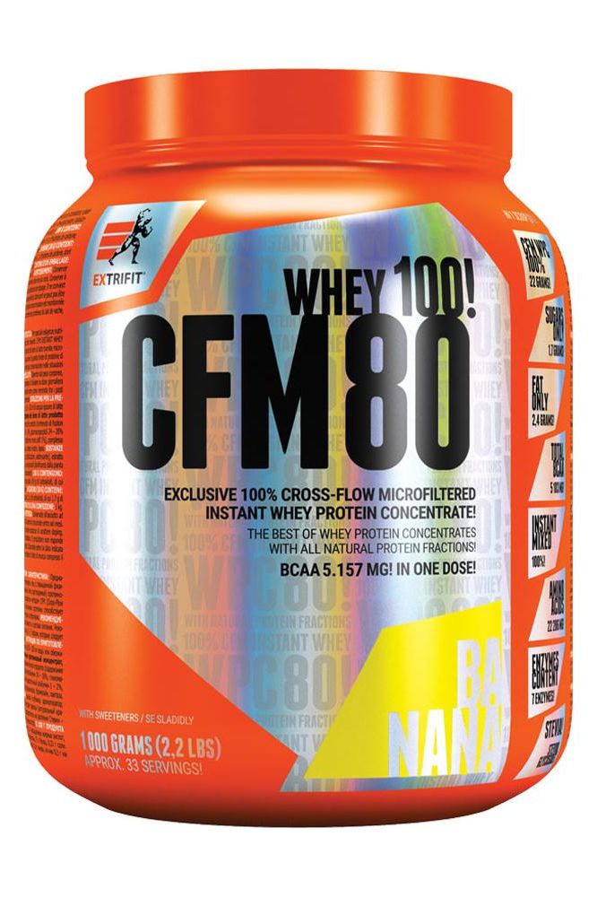 Extrifit CFM Instant Whey 80 protein powder container with banana flavor and 1000 grams capacity.