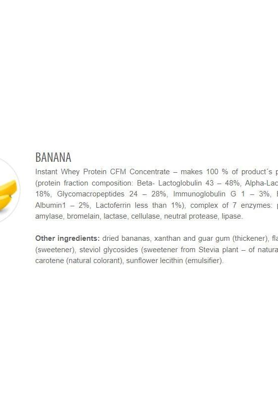 Label for Extrifit CFM Instant Whey 80 Banana flavor, showing ingredients and nutritional information.