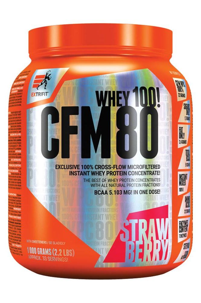 Extrifit CFM Instant Whey 80 protein powder, strawberry flavor, 1000 grams, with natural ingredients and enzymes.