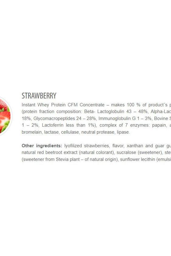 Ingredients list for Strawberry flavored CFM Instant Whey 80 protein supplement, highlighting natural components and enzyme blend.