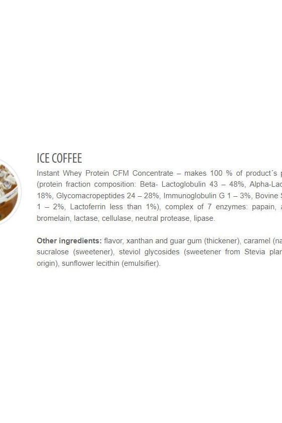 Ice coffee product description featuring CFM Instant Whey protein concentrate ingredients and benefits.
