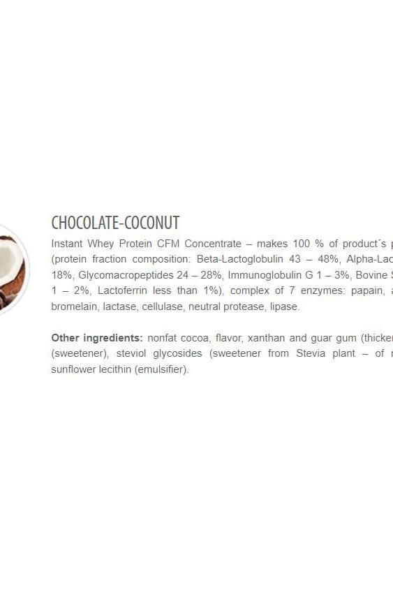 Chocolate-Coconut flavor profile and ingredients of CFM Instant Whey 80, highlighting natural components and enzymes.