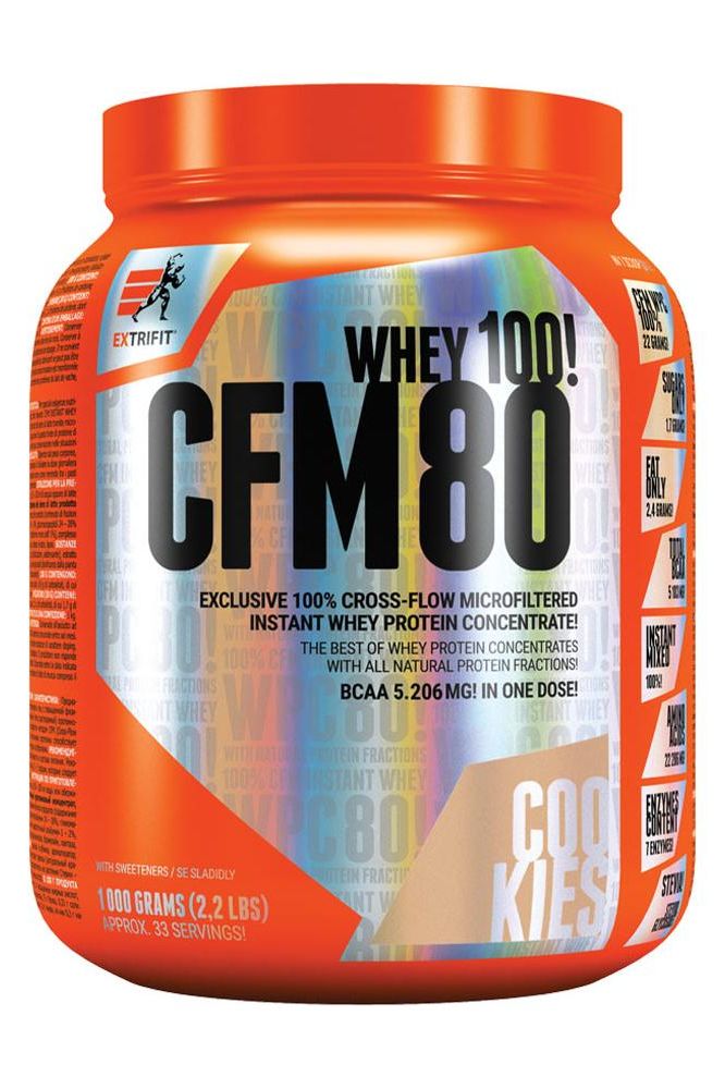 Extrifit CFM Instant Whey 80 protein powder in a large, easy-to-use container with cookies flavor.