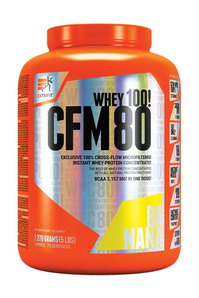 Extrifit CFM Instant Whey 80, banana flavor, 2700g protein supplement with natural ingredients.