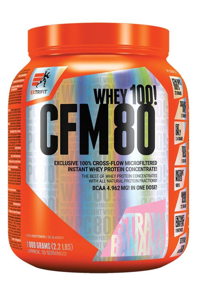 Extrifit CFM Instant Whey 80 protein powder, 100% natural flavor with creamy texture and digestive enzymes.