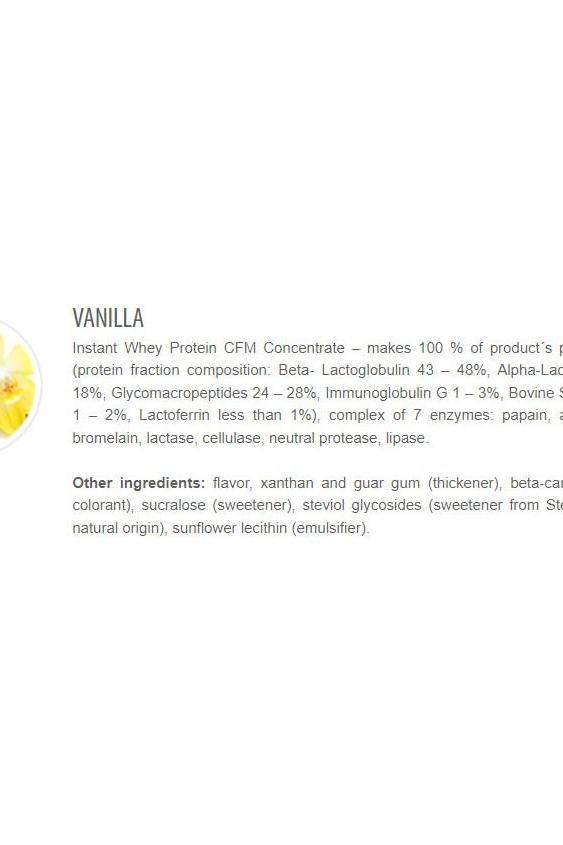 Nutritional information for Extrifit CFM Instant Whey 80 vanilla flavor, listing ingredients and protein composition.