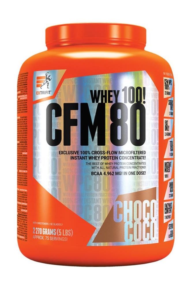 Extrifit CFM Instant Whey 80 protein powder in orange container, featuring rich chocolate flavor and nutritional benefits.