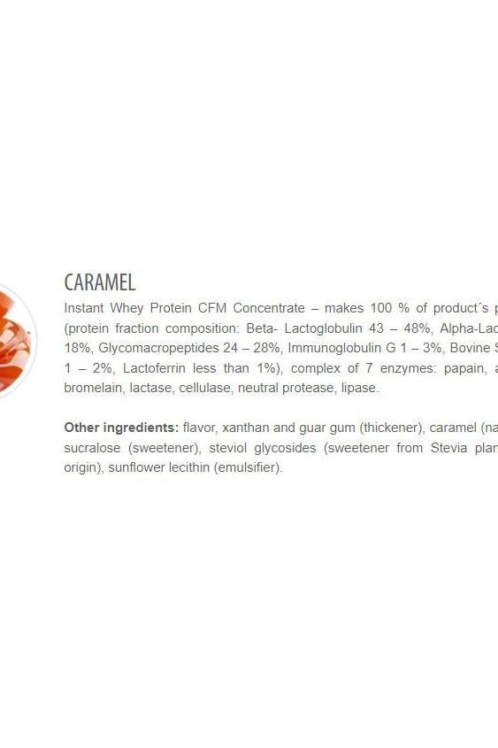 Label for CFM Instant Whey 80 Caramel flavor, listing protein composition and other ingredients.