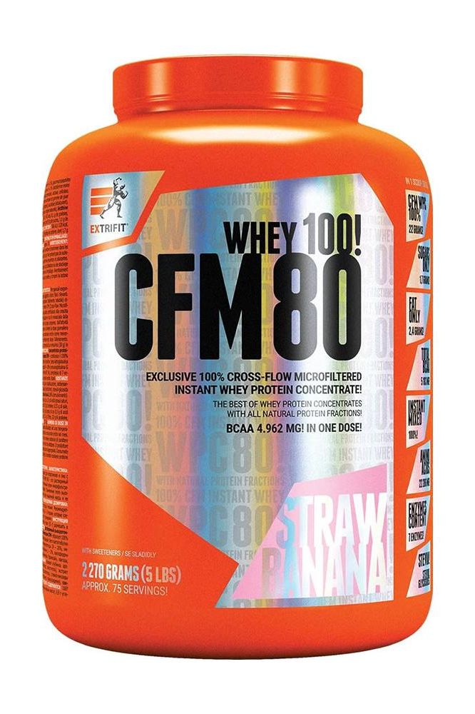 Extrifit CFM Instant Whey 80 protein powder in a large orange container with straw-banana flavor.