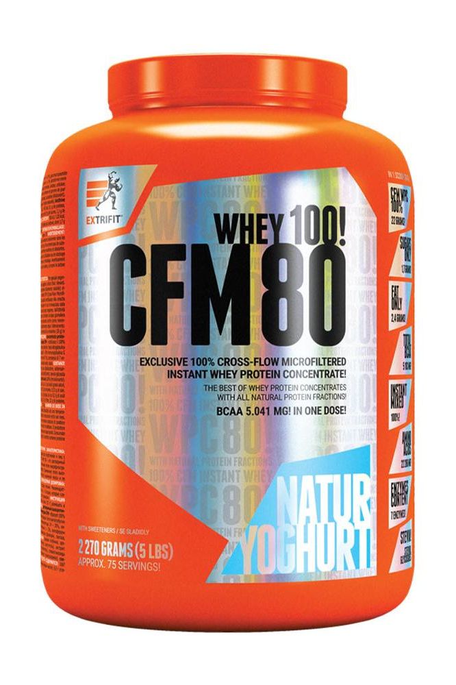Extrifit CFM Instant Whey 80 protein powder tub with creamy yogurt flavor and bright packaging for muscle recovery.