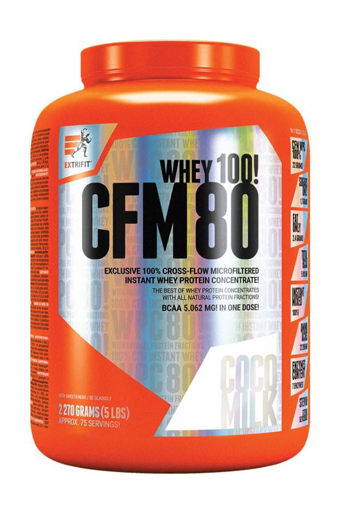 Extrifit CFM Instant Whey 80 protein powder container in coconut milk flavor, 2270 grams, easy-use jar design.