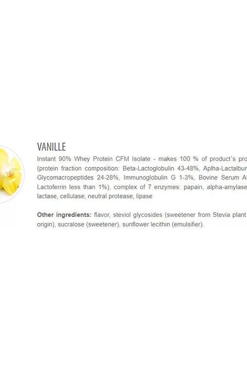 Extrifit CFM Instant Whey Isolate 90 Vanilla flavor ingredients and nutrition details.