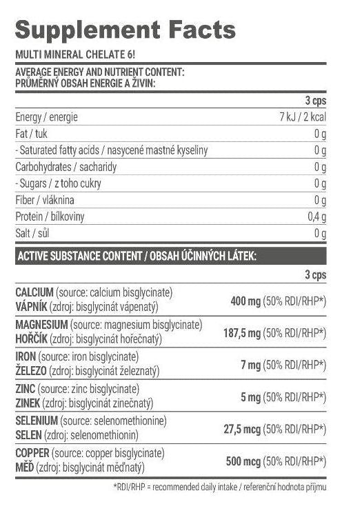 Supplement facts for Extrifit Chelate 6! Multimineral showing essential mineral content per serving in grams.