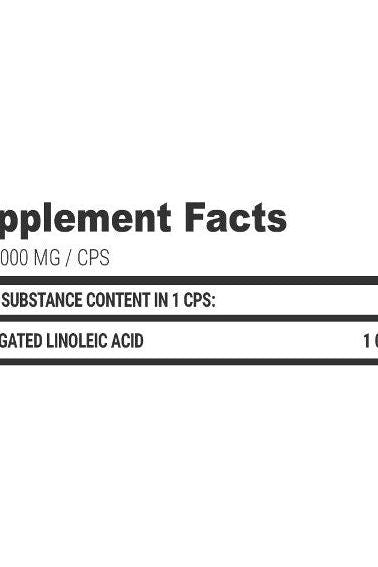 Supplement facts for Extrifit CLA 1000 mg Caps, detailing content of conjugated linoleic acid per capsule.