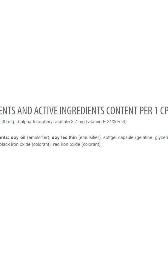 Ingredient list for dietary supplement capsule showing soy oil, soy lecithin, and vitamin E content.