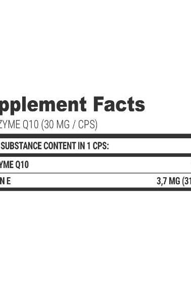 Supplement facts for Extrifit Coenzyme Q10 30 mg capsules detailing ingredients and nutritional information.