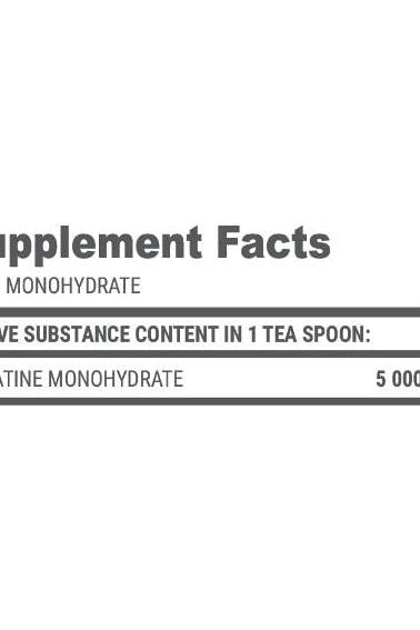 Supplement facts for Extrifit Crea Monohydrate showing 5000 mg creatine per teaspoon.