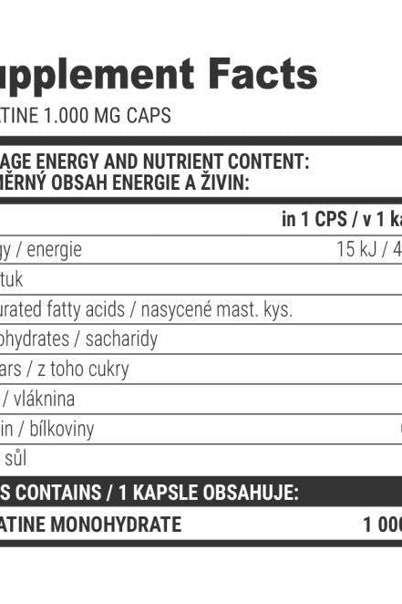 Supplement Facts for Extrifit Creatine Monohydrate Caps containing 1000 mg per capsule.