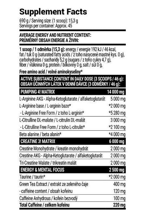 Supplement facts label for Extrifit E.nox®Shock Cherry 690g detailing ingredients and nutritional information.