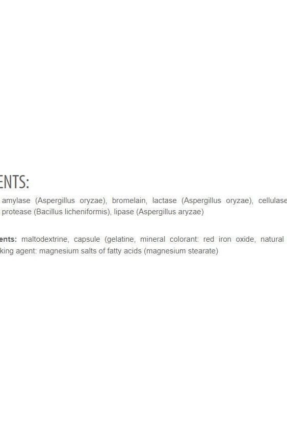 List of ingredients for Extrifit Enzy 7 digestive enzymes, including various enzymes and additives.