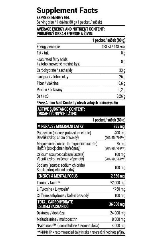 Supplement facts label for Extrifit Express Energy Gel detailing nutrients and energy content per packet.