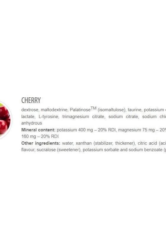 Ingredient list for Cherry flavor Express Energy Gel, highlighting key components and mineral content.