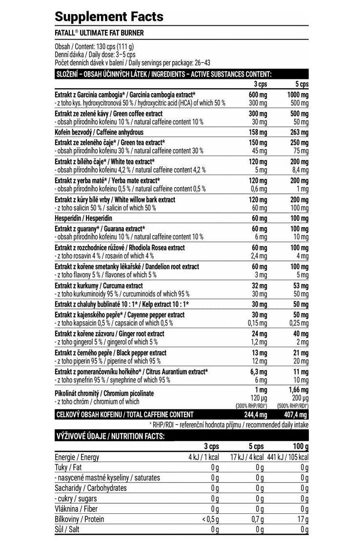 Supplement facts for Extrifit FATALL® Ultimate Fat Burner, 130 capsules, detailing ingredients and nutritional values.