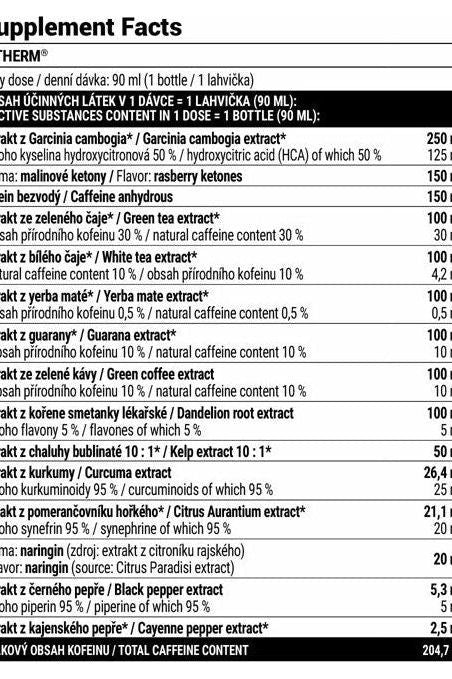Supplement facts for Extrifit Fatherm shot, detailing ingredients and nutritional information.