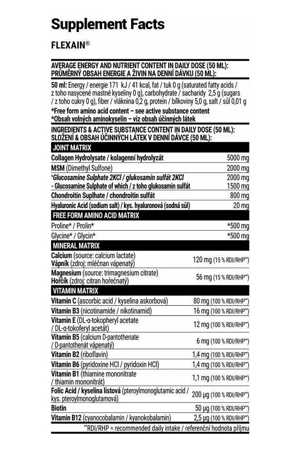 Supplement facts for Extrifit Flexain Joint Guard, highlighting key ingredients and nutrient content.
