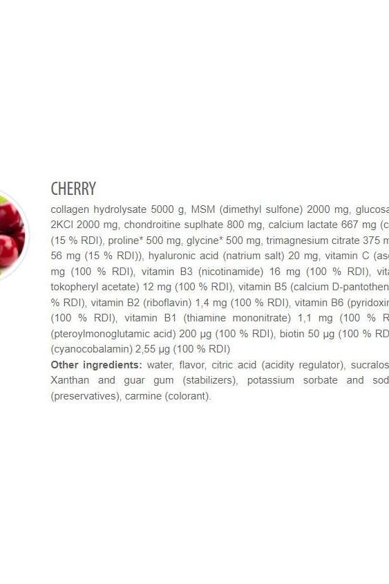 Ingredients list for Cherry flavor in Flexain Joint Guard, featuring collagen, MSM, glucosamine, vitamins, and stabilizers.