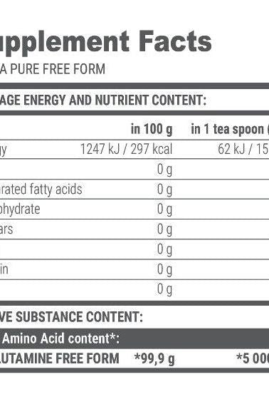 Supplement facts for Extrifit Gluta Pure, showing nutrient content per 100g and per teaspoon.