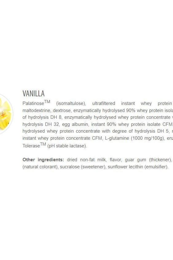 Ingredients list for Extrifit Go Pro 30 Vanilla sport drink, highlighting protein sources and other components.
