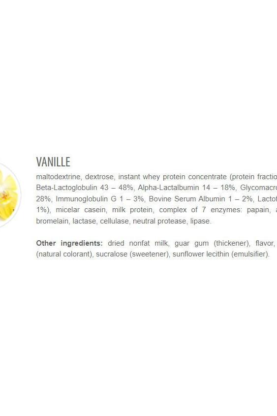 Ingredient list for Vanilla flavor including maltodextrin, whey protein, and enzymes for enhanced digestion.