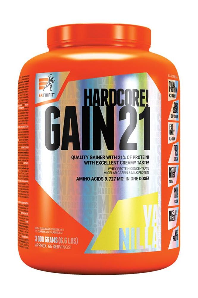 Extrifit Hardcore Gain 21 protein powder, 3090 grams, vanilla flavor, high-quality for muscle recovery and growth.