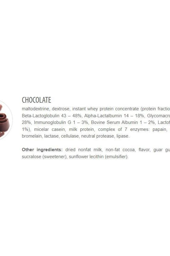 Ingredient list for Hardcore Gain 21 chocolate flavor, highlighting proteins and enzymes for optimal recovery.